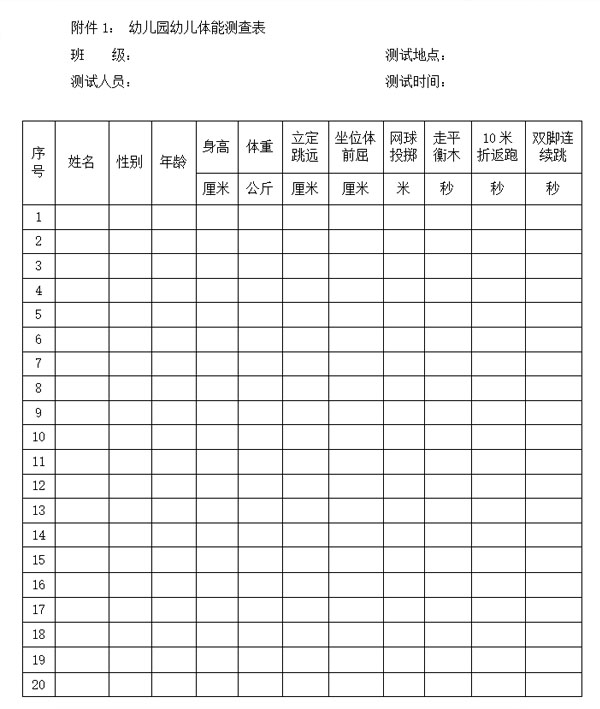 幼儿园幼儿体能测查表